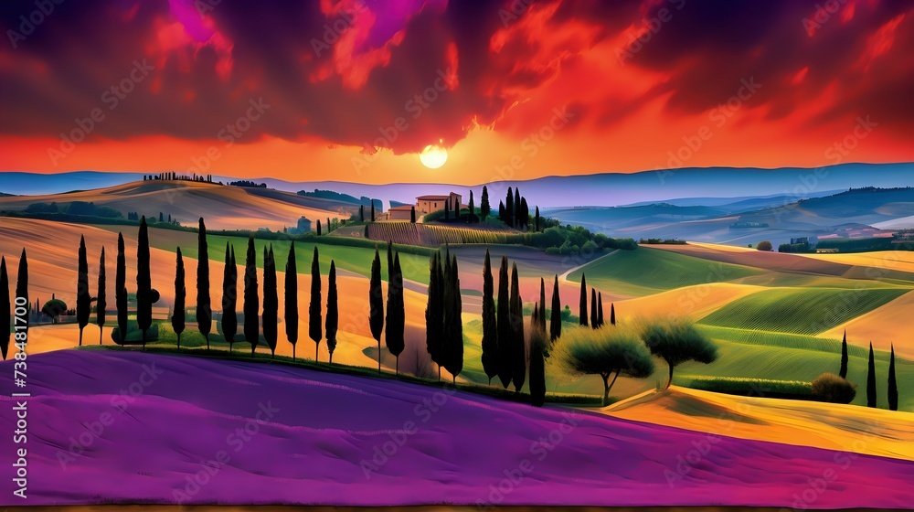 A Tapestry As The Sun Bids Farewell To The Rolling Hills Of Tuscany