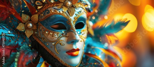 Colorful horizontal ornament of a carnival mask captured in macro image. © Sona