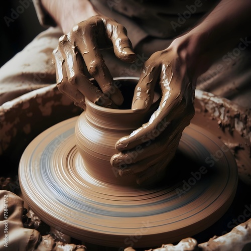 Mud Clay Pottery on Wheel with Hands 