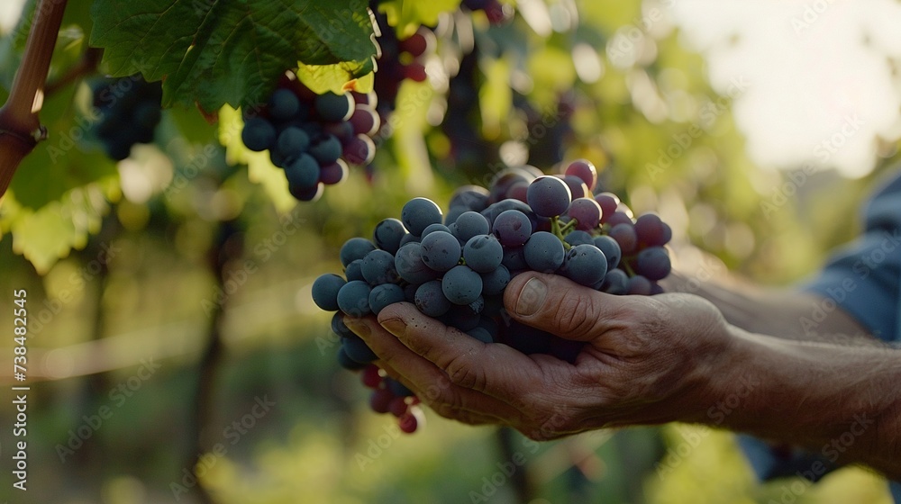 Close-up of man hands holding bunch of grapes in vineyard.