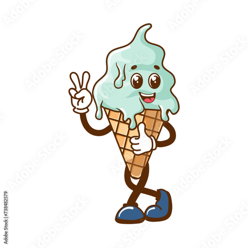 Retro mascot ice cream in cartoon style. Funny retro style dessert mascot for cafe. Nostalgia of the 60s, 70s, 80s. Vector illustration