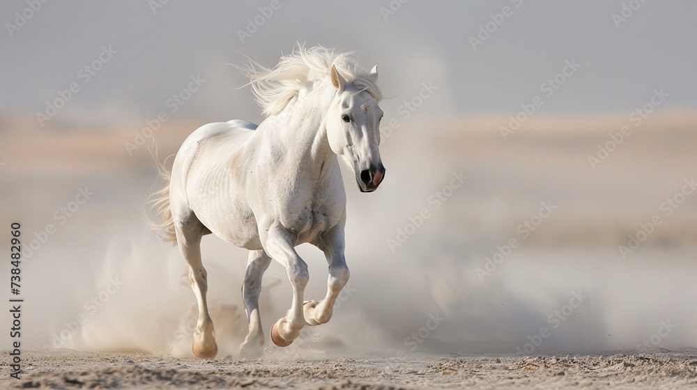 White horse galloping free in the desert on a sunny day.