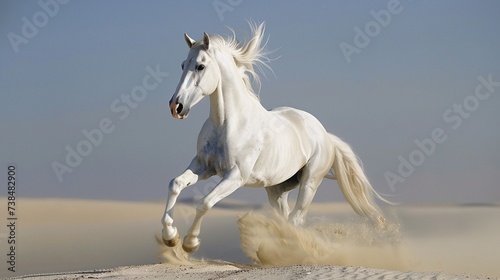 White stallion running in the sand on a sunny day.