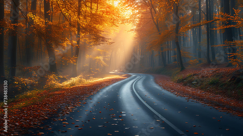 a photo in the middle of a highway without vehicles with beautiful trees on the side of the road, impressive sunlight hues