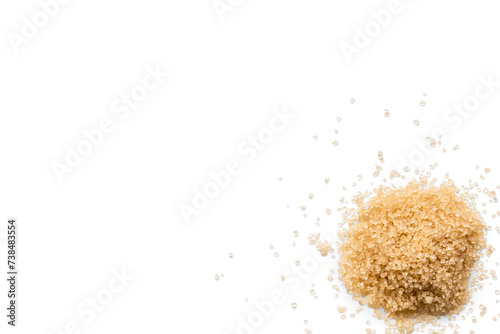 Close-up of a heap of organic raw brown sugar isolated on a transparent background with shadow from above, top view, png