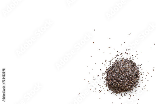 Closeup of organic dry chia seeds isolated on a transparent background with shadow from above, top view photo