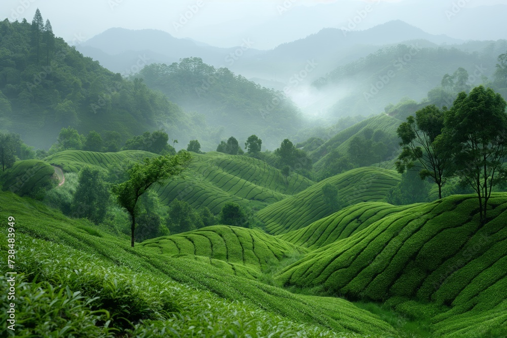 Mystic Tea Garden: Lush Green Terraces Amidst Misty Mountain Range