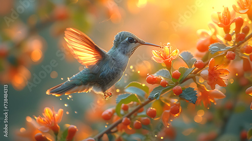 a hummingbird sucking nectar from a blooming flower, dynamic pose