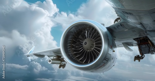 Commercial airplane with powerful engine soaring through the cloudy blue sky