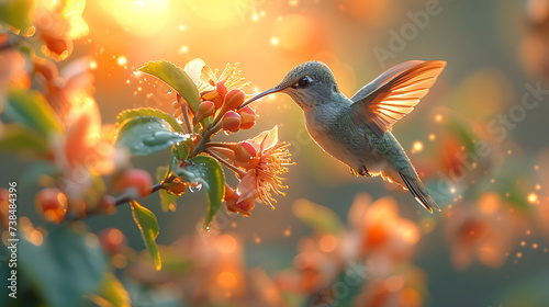 a hummingbird sucking nectar from a blooming flower, dynamic pose © growth.ai