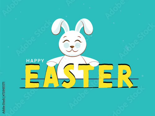 Happy Easter Font with Cute Bunny Cartoon on Light Blue Background.