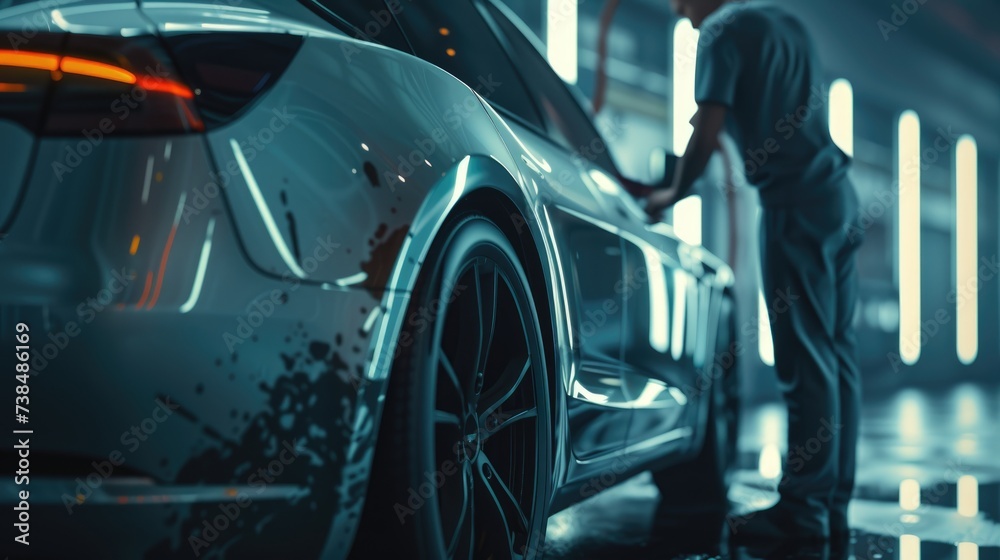 Professional Automotive Engineer Inspecting and Polishing Futuristic Car in Illuminated Workshop, Engineering smart EV car design, Futuristic electric vehicles Professional Automotive Engineer Inspecting and Polishing Futuristic Car in Illuminated Workshop, Engineering smart EV car design, Futuristic electric vehicles