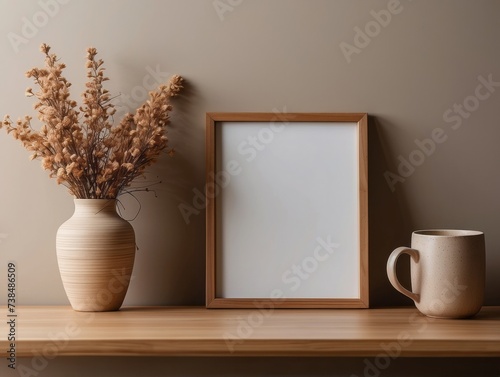 wooden picture frame mockup hanging on beige wall background. Boho-shaped vase, dry flowers on table