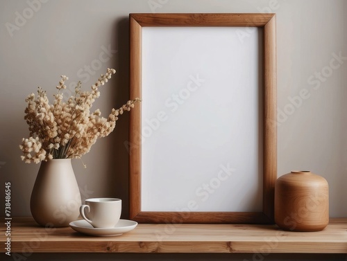 wooden picture frame mockup hanging on beige wall background. Boho-shaped vase, dry flowers on table © Dhiandra