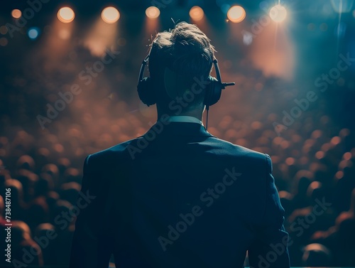 a motivational speaker in a powerful stance on stage, wearing a headset while delivering an inspiring leadership talk photo