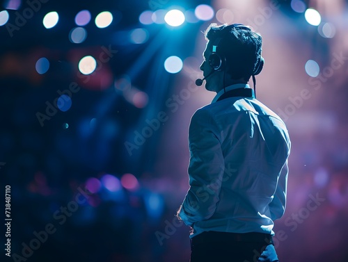 a motivational speaker in a powerful stance on stage, wearing a headset while delivering an inspiring leadership talk photo