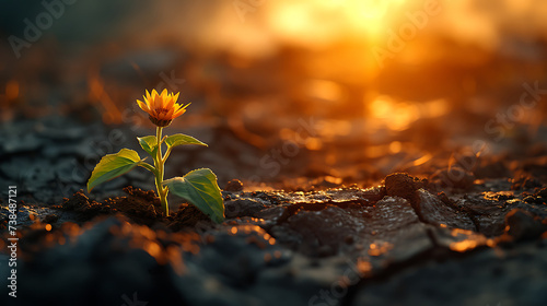 A single seed pushing through cracked, scorched earth towards a shaft of brilliant sunlight photo