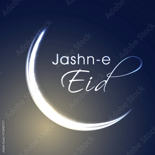 Jashn-E-Eid (Celebration of Eid Festival) with Shiny Crescent Moon on Blue Background.