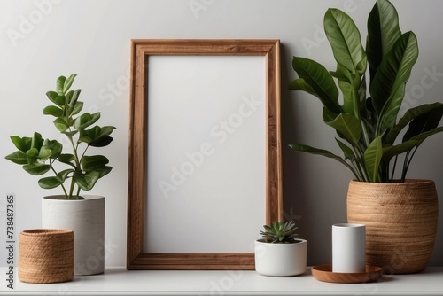 Poster mockup with a green plant and wooden frames on white wall