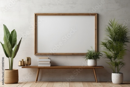 Poster mockup with a green plant and wooden frames on white wall