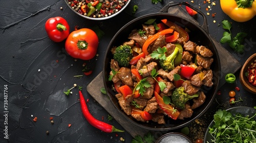 Meal with beef and peppers in a metal pan