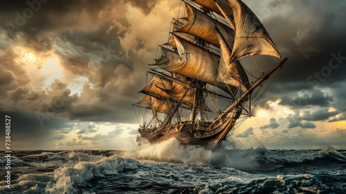 A majestic 17th century sailing ship on a stormy ocean in the evening