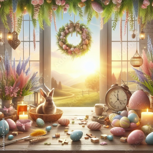 Happy Easter. Easter background. Easter eggs and flowers. © Shamim Akhtar