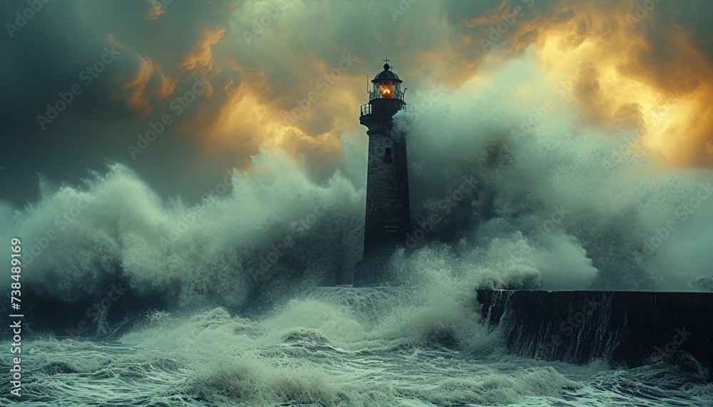 Stormy sea with big waves and lighthouse