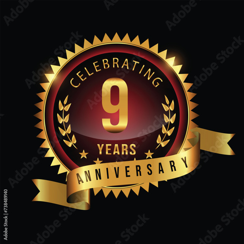 9 Years celebration anniversary logo vector illustration. Golden anniversary premium emblem