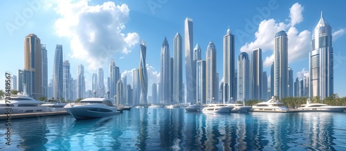 A developed city with tall skyscrapers, yachts in the sea, and modern architectural structures.