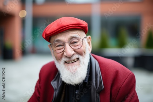 Portrait of senior man with grey beard wearing red hat and glasses.