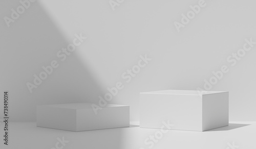pedestal composition with shadow on wall. podium used for presentation business, studio background products display scene with sunlight. stand to show cosmetic products. backdrop, mockup. 3d render