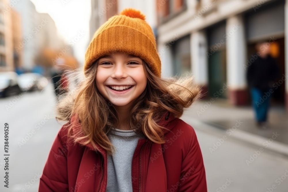 Portrait of a cute young girl in a hat in the city Portrait of a cute young girl in a hat in the city