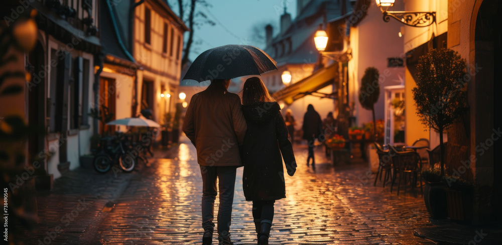 Romantic couple walking in a rainy European village