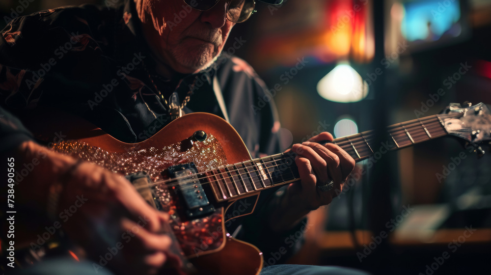Fototapeta premium Baby Boomer man playing blues guitar on stage, dim light and emotion