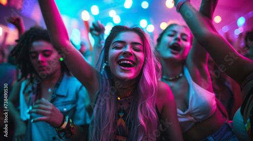Gen Z friends dancing at music festival under stars, neon lights and live music
