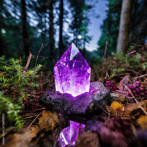 Glowing purple crystal in the forest at night 