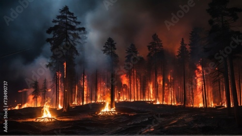 Forest fires. The silhouettes of trees against the background of flames create a breathtaking and mesmerizing image of a disaster