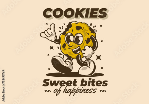 Sweet bites of happiness. Mascot character of a walking cookies in retro style