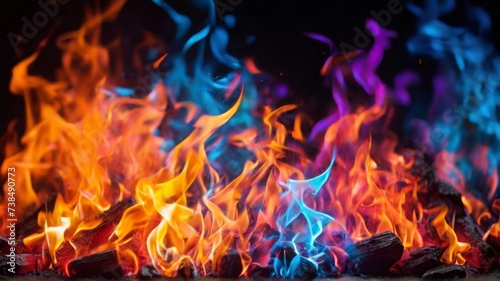 Fire burning with different colors, creating a vibrant and colorful background