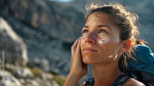 Woman applying sunscreen for mountain hike, steely gaze and wilderness vistas