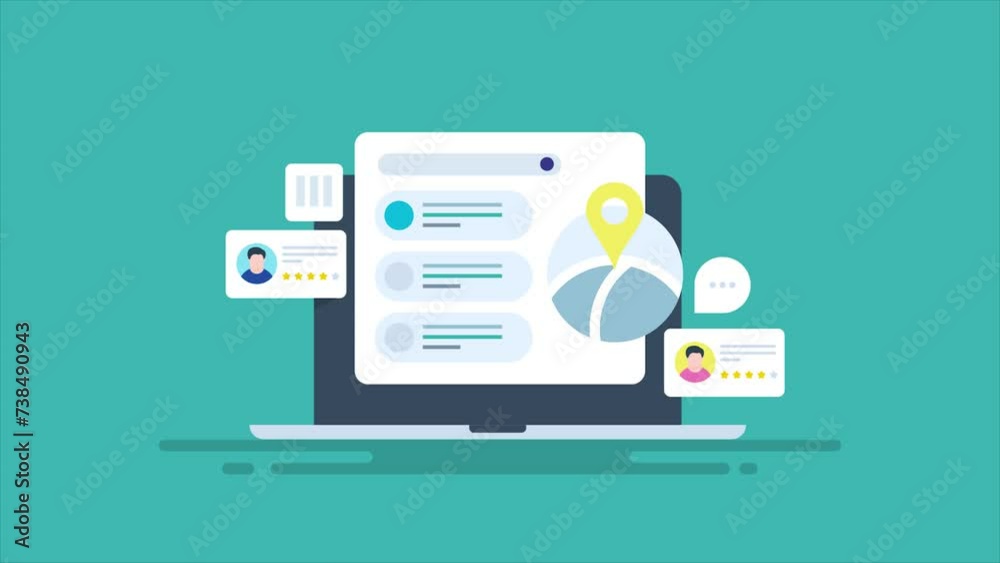 Business listing near me with map location and customer review, search data and local store optimization, SEO concept on laptop screen, video animation. Business listing near me with map location and customer review, search data and local store optimization, SEO concept on laptop screen, video animation.