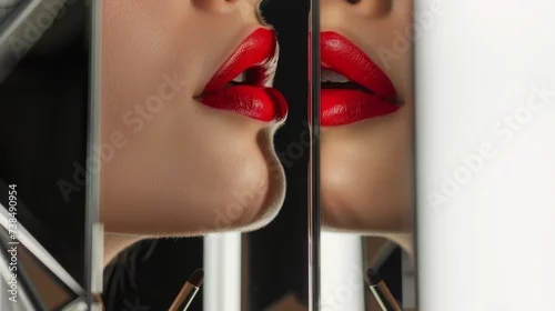 Obraz Red lipstick and makeup brush for woman in contemporary mirror, minimalist decor