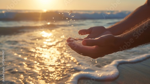 Man moisturizing hands on sunny beach with ocean and sky.