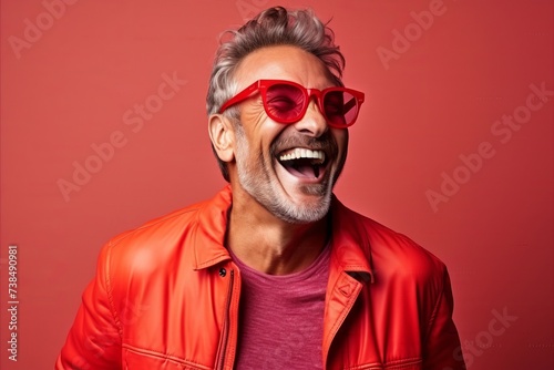 Portrait of a trendy senior man in red jacket and sunglasses.