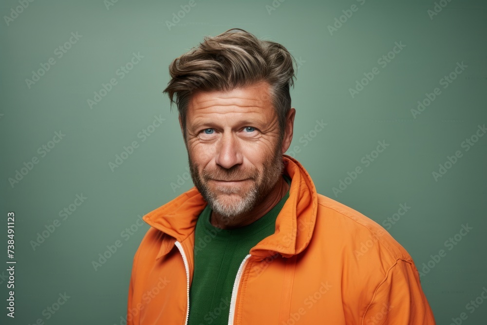 Portrait of a handsome mature man in an orange jacket on a green background.
