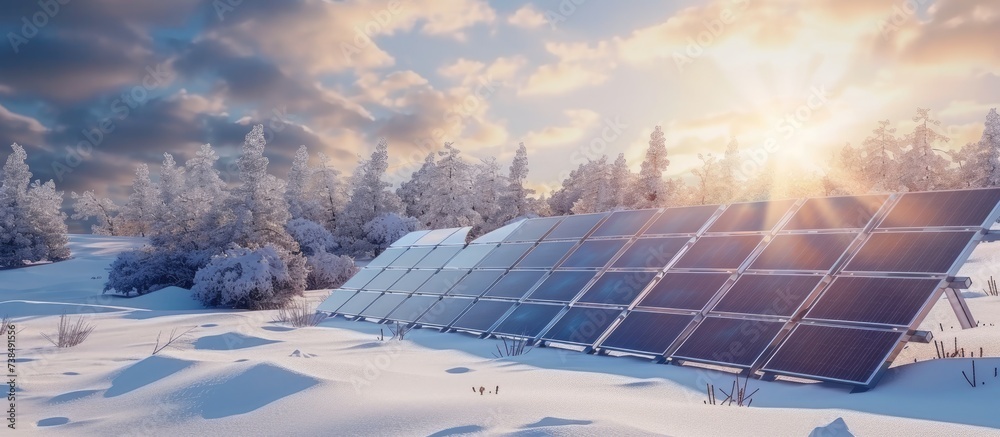 Snow-covered solar panels. Generating solar energy on winter days. Cold weather renewable energy production. - obrazy, fototapety, plakaty 