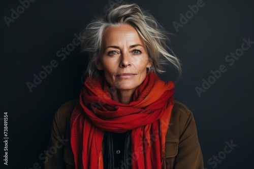 Portrait of mature woman in red scarf on dark background. Studio shot.