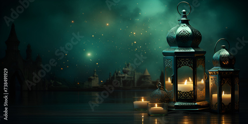 Ramadan Kareem Month Mosque and lantern with burning candle generative AI 