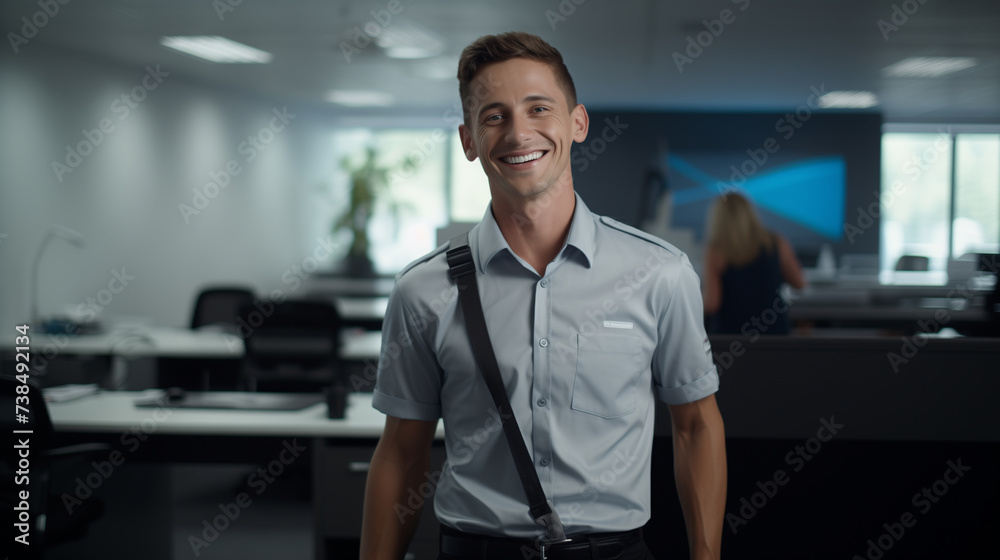 portrait of smiling employee standing in office portrait of smiling employee standing in office